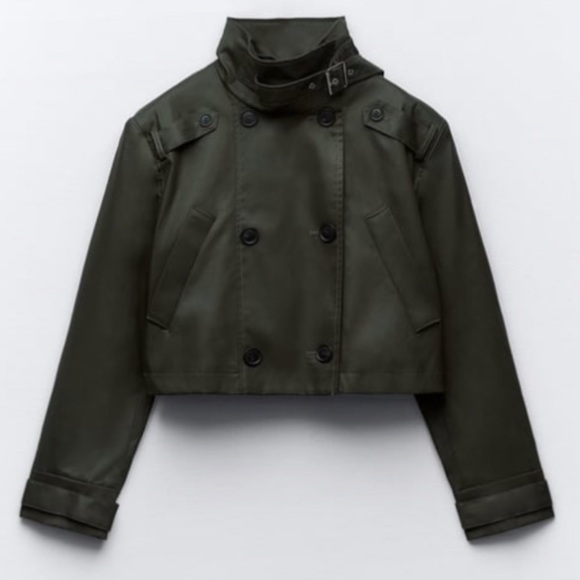 NWOT ZARA Waxed Cropped Trench Coat Dark Green Dark Khaki- Size XXL - Picture 4 of 12
